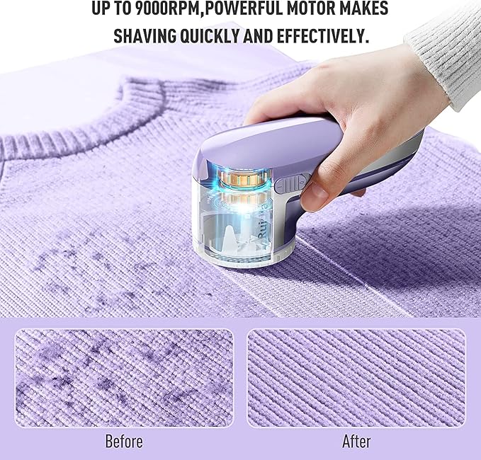 Ruidla Fabric Shaver Lint Shaver Defuzzer, Electric Lint Remover, Rechargeable Sweater Shaver with Replaceable Stainless Steel 3-Leaf Blades, Dual Protection, Removable Bin, (Micro-b Charging)