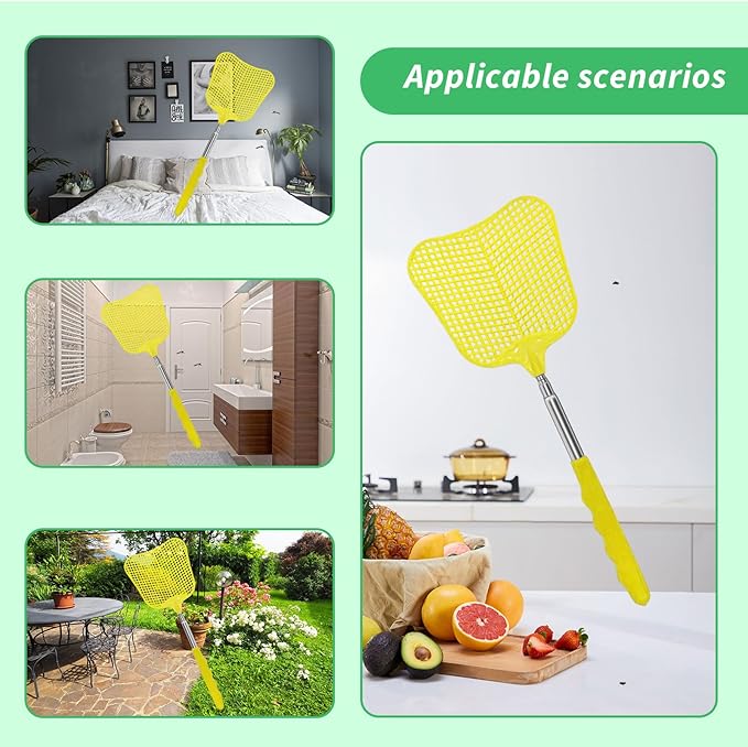 MYSTICHOME Fly Swatter 1 PCS, Durable Heavy Duty Plastic Fly Swatters, Stainless Steel Telescopic FlySwatter for Indoors/Outdoor/Kitchen/Garden (Yellow)