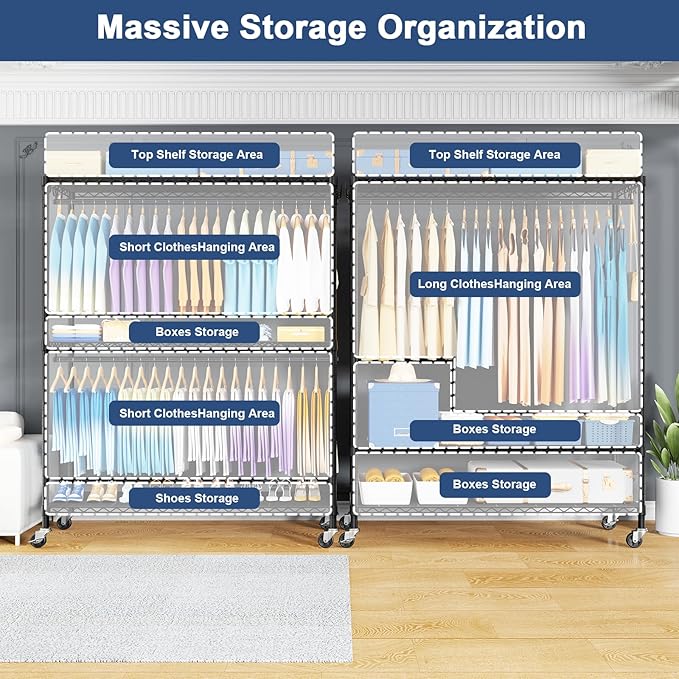 ULIFHOME P8C Max Heavy Duty Clothes Rack（With Extended Width Design） Rolling Clothing Racks for Hanging Clothes with Lockable Wheels，51.2"W x 15.8"D x 80.5"H，Load 700LBS，Black Rack with Black Cover
