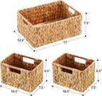 HOONEX Water Hyacinth Storage Baskets, Wicker Baskets for Storage, Hand Woven Baskets with Carry Handles, Set of 3, Natural