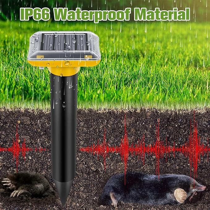 Solar Ultrasonic Mole Repellent, Gopher Repeller Outdoor, Solar Powered Waterproof Snake Repellent for Yard Deterrent Gopher Vole Snake Pest and Other Animals from Lawn Garden Yard Home(2 Packs)