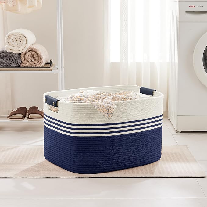 86L Extra Large Laundry Basket with Leather Handles for Living Room Storage, Woven Rope Baskets for Blanket, Kids Toy, Gifts, Wicker Hamper for Bedroom Dirty Clothes, 24"x16"x14" White Navy