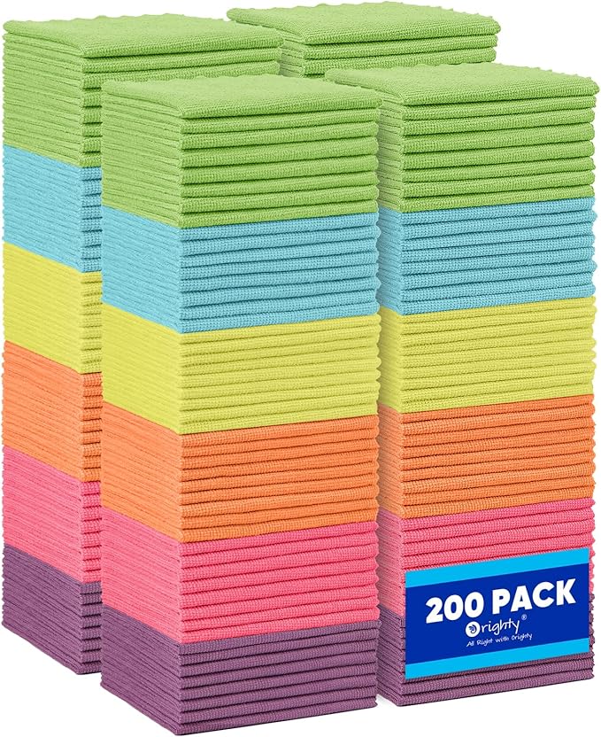 Orighty Microfiber Cleaning Cloth, 200 Pack Highly Absorbent Cleaning Supplies, Lint Free Kitchen Towels Cleaning Rags, Microfiber Towels for Cars, House, Window, 12x11 inch