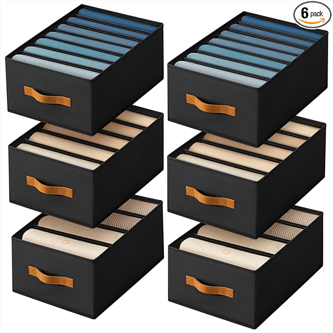 Homsorout Clothes Organizers and Storage - 4/5/7 Grids Fabric Jeans Organizer with Handles, Foldable Closet Organizers Dividers, Wardrobe organizer for Pant, Sweater, T-shirt, Scarf, 6 Pack, Black