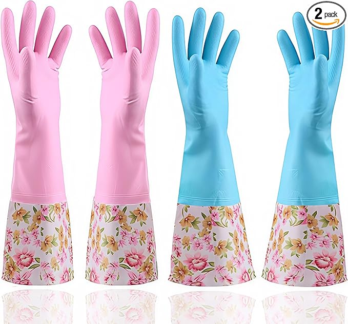 KINGFINGER Rubber Latex-Free Dishwashing Gloves for Household Cleaning, Waterproof, 2-Pair Large with Long Cuff & Flock Lining