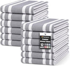 Homaxy Premium Kitchen Towels 18”x 28”, Large Cotton 380 GSM Kitchen Hand Towels, Stripe and Terry Dish Towel, Highly Absorbent Tea Towel Set with Hanging Loop, 12 Pack, Grey