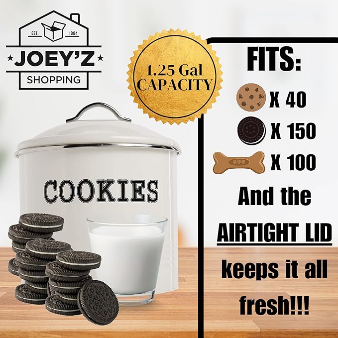JOEY'Z Large 1.25 Gallon Airtight Cookie Jar with Lid - Large Cookie Jars with Lids, Ivory Counter Decorative - Makes a Great Dog Treat Jar