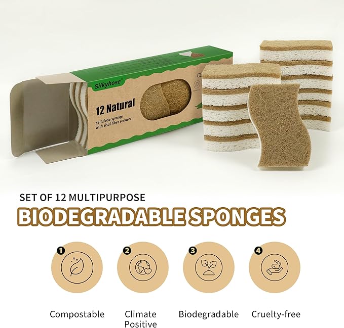 12 Pack Non Scratch S-Shaped Natural Kitchen Sponges - Biodegradable & Compostable Cellulose with Coconut Fiber - Eco Friendly Dish Sponges for Pots, Pans & Household Cleaning