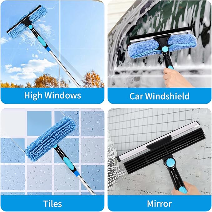 Window Washing Kit with Extension Pole, 73’’ Window Cleaning Squeegee Kit, 3 in 1 Window Cleaning Kit with 2 Microfiber Pads & 2 Chenille Pads for Indoor Outdoor Windows