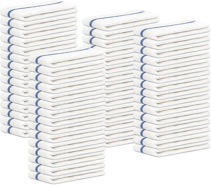 STF Linen Bar Mops Blue Stripe Pack of 60 Kitchen Towels 16x19 Multi-Purpose for Home, Restaurant and Cleaning White Absorbent Washcloth Dishcloths Sets, Reusable Dish, Cloths Rags