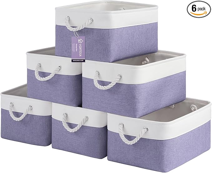 Large Storage Baskets- 15.7x11.8x8.26 inch Storage Bins for Shelves and Closet Organizing, Foldable Fabric Bin for Home Organization Clothes and Laundry (6-Pack, White&Purple)