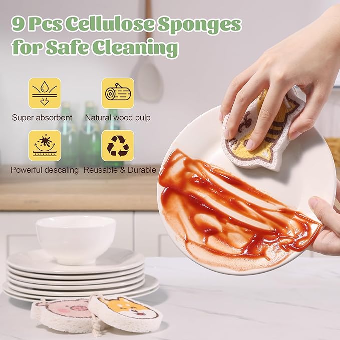 JOYMOOP Cartoon Kitchen Sponge, Cellulose Sponges for Cleaning, Non-Scratch Sponges for Dishes, Reusable Sponge for Household Cleaning - 9 Pcs Mixed Pattern (Kitten, Doggy and Piggy)