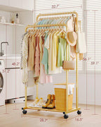 Sakugi Clothes Rack - Double Rods Clothing Rack with Mesh Shelf, Hooks & Wheels, Metal Clothing Racks for Hanging Clothes & Bags, Multifunctional Garment Rack for Laundry, Gold, 28.7" x 16.5" x 59.1"