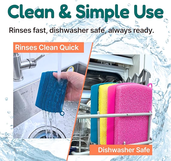 3-in-1 Silicone Scrubber Sponge with Squeegee – Non-Scratch Kitchen Sponge for Dishes, Sink & Bathroom, Quick-Dry, Reusable Cleaning Tool (Pink+Yellow)