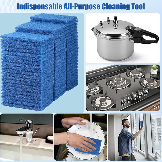 100 Pcs Scouring Pads,Heavy Duty Scour Pads,Reusable Dish Scrubber,Non Scratch Household Scrub Pads,Multipurpose Scour Pads for Kitchen Metal Grills Dish Cleaning,4 x 3 inch (Blue)