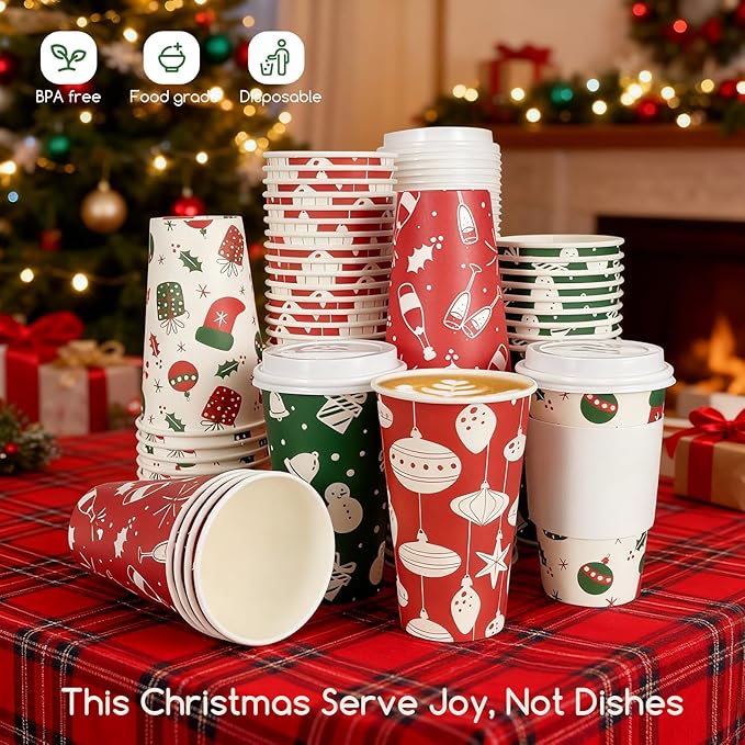 Christmas To Go Coffee Cups with Lids 16 oz Insulated Cups, 100 Packs Hot Cup for Chocolate/Coffee/Tea/Water/Juice, Coffee Bar Accessories with Lid & Sleeve, Christmas Cups Disposable Supplies