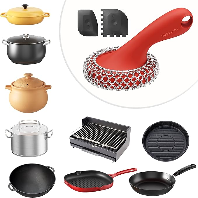 SUBEKYU Cast Iron Scrubber with Silicone Handle, Stainless Steel Skillet Cleaner for Cast Iron Pans (Red Scrubber + Scraper)