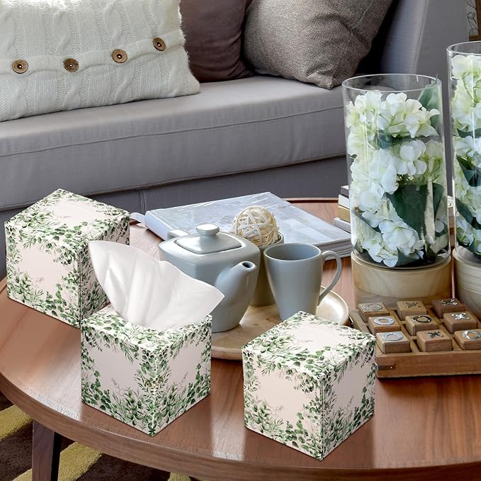 12 Pack Fall Eucalyptus Facial Tissues Cube Boxes 600 Sheets 3 Ply Small Square Green Eucalyptus Face Tissues Bulk for Autumn Spring Car Bedroom Supplies