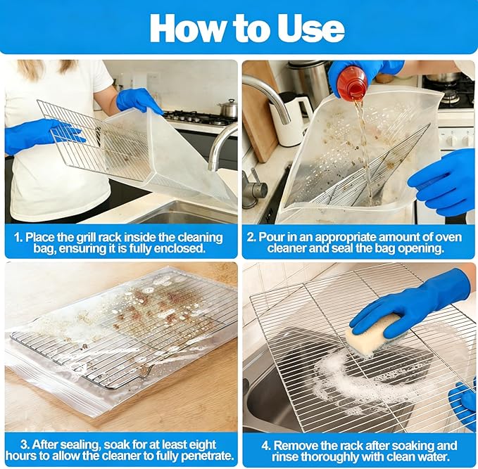 XANGNIER 3 Pack No Scrub Oven Rack Cleaning Bags 23.7*15.7 in,No Cleaner Included,Simple to Use,No Messy Hands Reusable Leakproof Soaking Cleaner Bags for Removable Metal Rack,BBQ Grills,Grill Grate