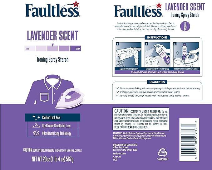 Laundry Starch Spray, Faultless Lavender Spray Starch 20 oz Cans for a Smooth Iron Glide on Clothes & Fabric Even Spray, Easy Iron Glide, No Reside (Pack of 2)