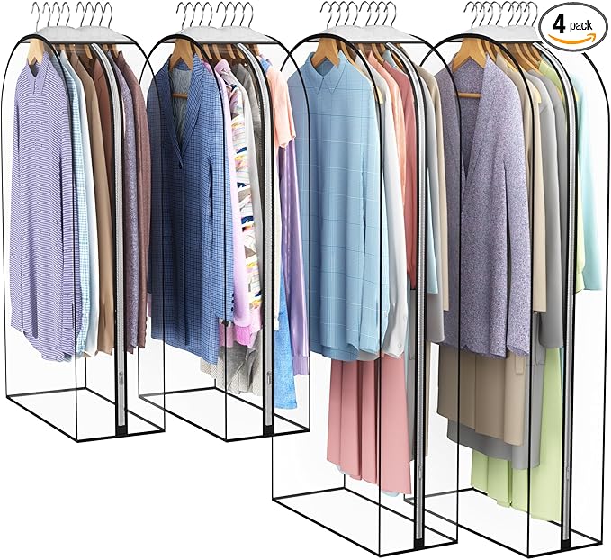 Liuoud Clear Garment Bag for Hanging Clothes 10” Gusseted, (40&50") Suit Bags for Open Closet Storage Plastic Clothes Cover for Coat, Dress, Shirts, Fur, Jacket, Wardrobe Protectors, 4 Pack