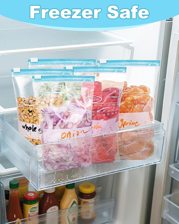 120 Pack Calendar Slider Quart Freezer Bags Reusable Food Storage Bags Slide Zipper Expandable Bottom Clear Plastic Freezer Bags With Write-On-Label For Food Storage (Blue)