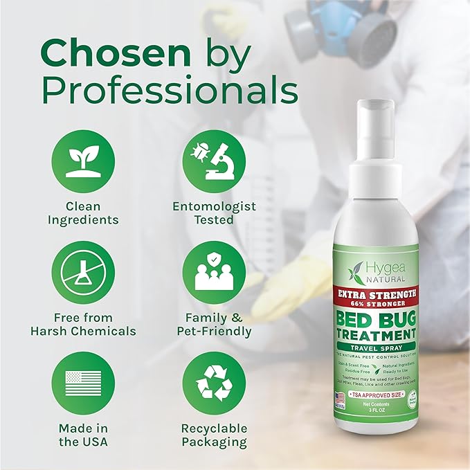 Hygea Natural Extra Strength Bed Bug & Mite Natural Travel Spray - TSA Approved 3 oz Size - Child & Pet Friendly - Stain & Odor Free - for Hotel, Suitcase, Backpack - 66% Stronger Formula (3 pack)