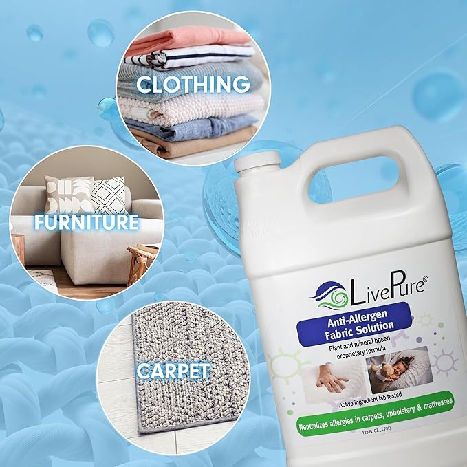 LivePure Anti-Allergen 128 OZ Fabric Spray for Household Surfaces. Plant-Based Allergy Spray for Dust Mites and Pet Dander. Fragrance Free