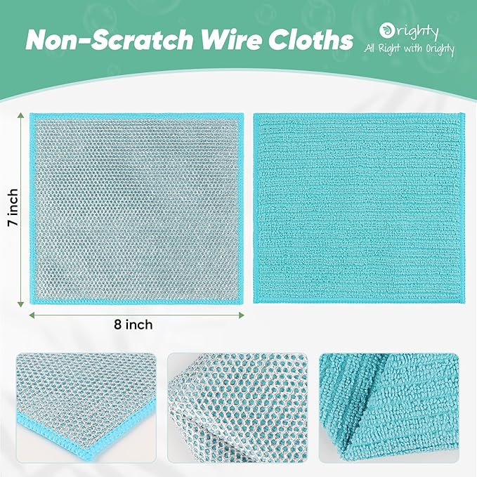 Orighty Multipurpose Wire Dishwashing Rag 12 Pcs, Upgraded Double-Layer Non-Scratch Wire Dish Cleaning Cloths, Kitchen Reusable Steel Scrubber, Powerful Dishcloth Rag for Cookware, Multicolor, 7"x8"