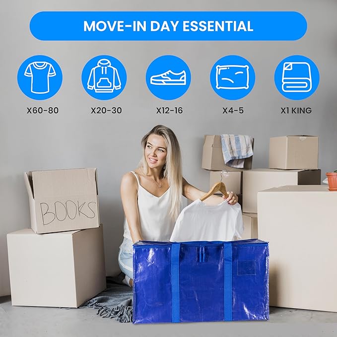 Simple Deluxe 12 Pack Moving Bags, Heavy Duty Storage Totes with Lids, Sturdy Handles& Zipper, Moving Boxes Alternative, Extra Large, for Clothes Packing, Moving Supplies, Blue