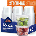 Stack Man [48 Sets - 16 oz. Plastic Deli Disposable Food Storage Containers with Airtight Lids