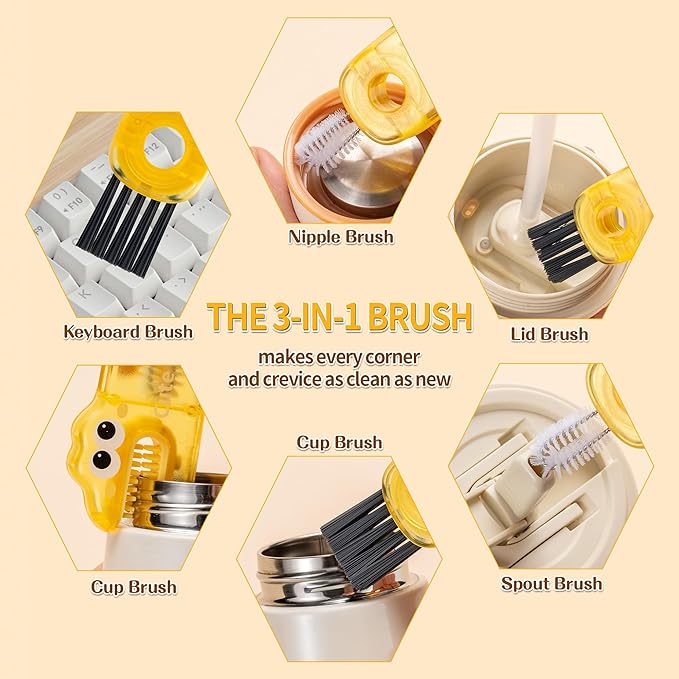 Bottle Brush Cleaning Set: Includes 2 Three-in-one Portable Travel Crevice Brushes and 1 Cup Brush with Removable Handle. Ideal for Cleaning lids, Straws, and Water Bottles.