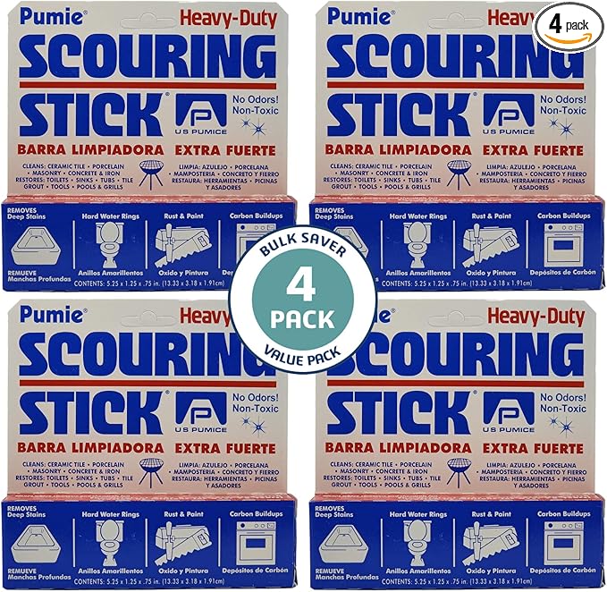 PUMIE Heavy Duty Pumice Scouring Stick (4 Pack) - Extra Strong Pumice Cleaning Stone for Bathroom, Kitchen, Grill - Scouring Stick for Cleaning Pool, Rust, Stains & Hard Water Rings