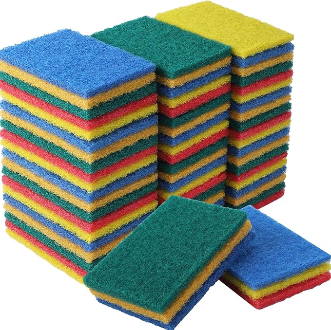 100 Pcs Scouring Pads,Heavy Duty Scour Pads,Reusable Dish Scrubber,Non Scratch Household Scrub Pads,Multipurpose Scour Pads for Kitchen Metal Grills Dish Cleaning,4 x 3 inch (Multicolor)