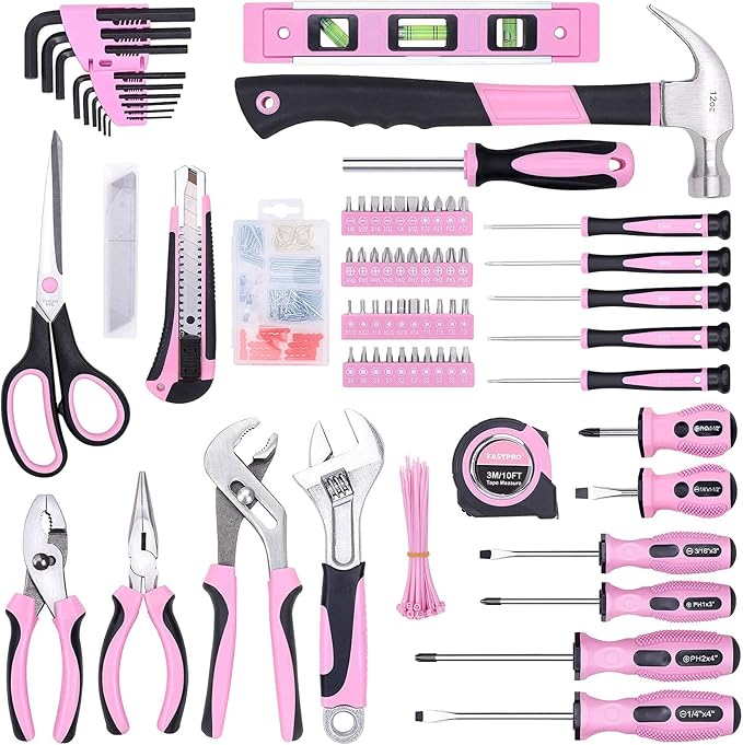 FASTPRO Pink Tool set -220-Piece Lady's Home Repairing Tool Kit & 12V Pink Cordless Lithium-ion Drill Driver