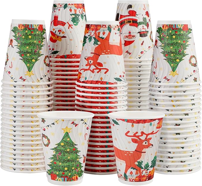 Lamosi Christmas Disposable Coffee Cups 12 OZ 100 Pack, Paper Coffee Cups 12 OZ for Hot Drinks or Cold Beverages, Insulated Corrugated Ripple Wall Cup No Lids for Office, Cafe, Home or Travel
