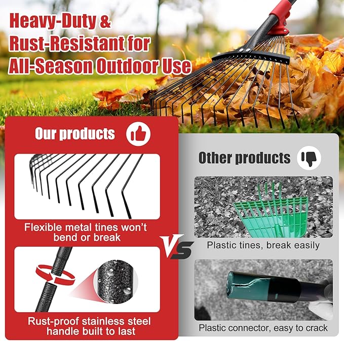 Garden Leaf Rakes for Leaves - 85" Adjustable Roof Cleaning Rake with Expandable Steel Head (8”-17”), Collapsible for Gardening Beds,Lawn,Shrub,Small Areas,Pine Needle& Camping Use