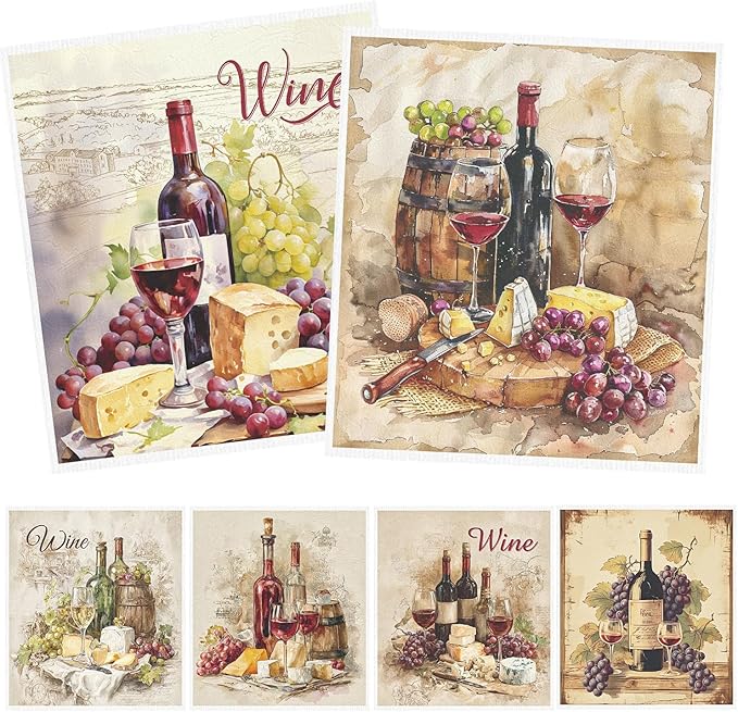 Swedish Dishcloths for Kitchen, 6PCS Wine Swedish Dish Cloths Gift Set, Vintage Reusable Washable Absorbent Dish Towel for Home Cleaning(7.8 X 7 Inches)