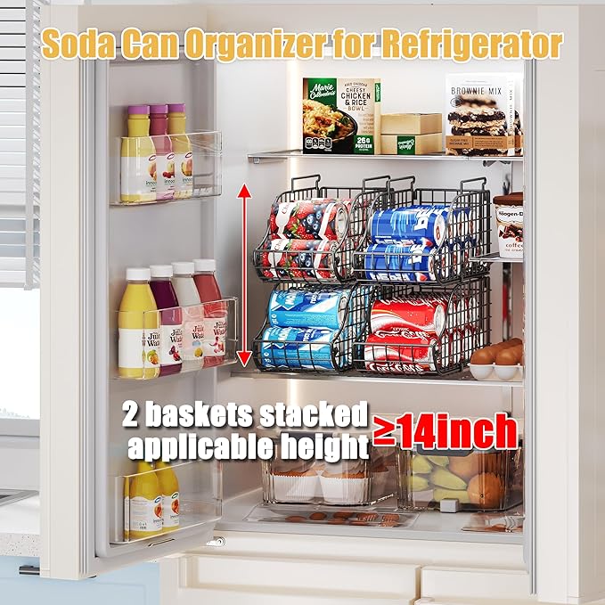 Sonyabecca 4-Pack Stackable Canned Food Organizer with Handles for Kitchen, Soda Can Organizer for Pantry Shelves, Wire Cabinet Shelf for Can Storage, Foldable Soda Dispenser, Patent Pending, Black
