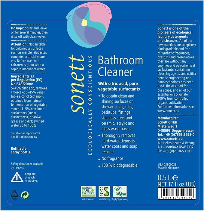 Sonett Organic Bathroom & Shower Cleaner Spray Removes lime scale deposits in hard-to-reach places and cleans fittings, stainless steel, floor tiles and shower walls (17 fl. oz. Pack of 6)