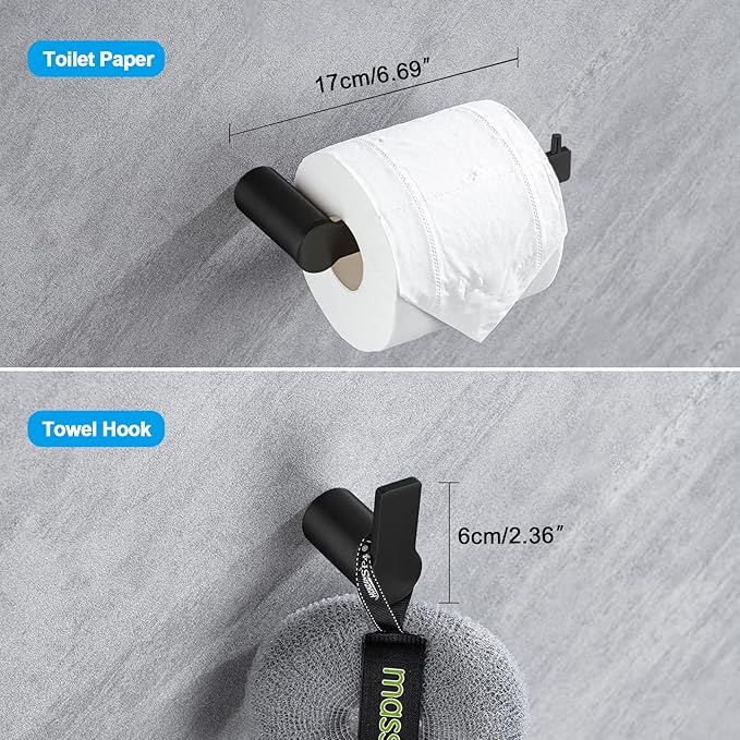 4-Pieces Bathroom Accessories Set, Matte Black Towel Bar Set Modern Stainless Steel Towel Rack Towel Hooks Toilet Paper Holder for Bathroom Wall Mounted, 23 Inch