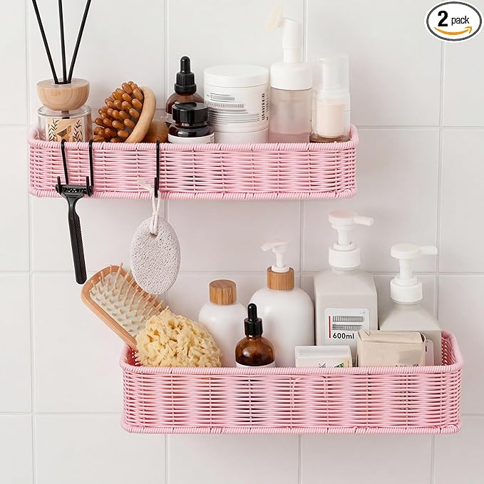 GRANNY SAYS 2 Pack Wicker Shower Caddy Hanging, Shower Shelf for Inside Showers, Adhesive Shelves for Bathroom Organizers and Storage, Bathroom Shelves Wall Mounted with 4 Hooks for Home Decor, Pink