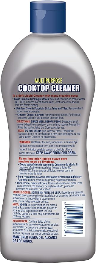 Bar Keepers Friend Cooktop Cleaner + Scraper + Dish Fish - Multipurpose Liquid Stovetop Cleanser, Safe for Use on Glass or Ceramic Cooking Surfaces, Copper, Brass, Chrome, Stainless Steel & Porcelain