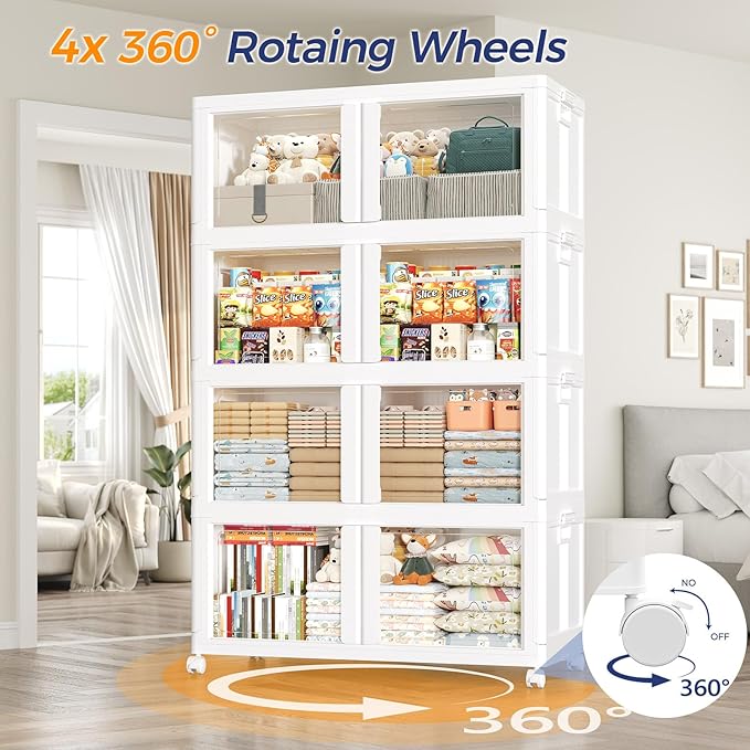 800Qt Stackable Storage Bins with Lid and Wheels, 200Gal Plastic Closet Organizer and Storage Drawer, Large Collapsible Storage Box Cabinet with Clear Door for Home Kitchen Office, 4Pack White