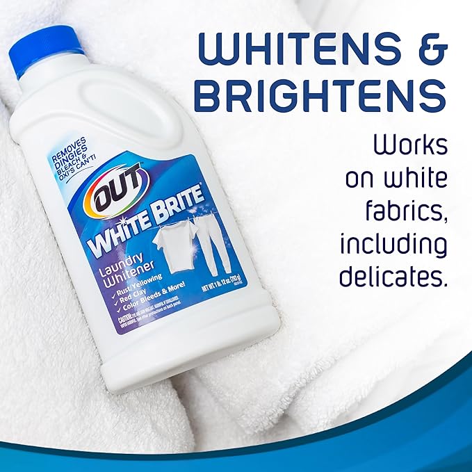 OUT White Brite Laundry Whitener Powder, Stain Remover Detergent Booster for Clothes, Removes Red Clay and Rust Stains on White Clothing and Uniforms