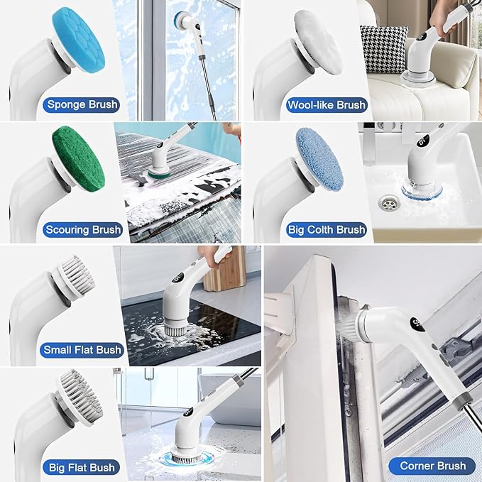 Qimedo Handheld Spin Scrubber with Extended Long Handle, Rechargeable Electric Scrubber for Cleaning, Cordless Power Dish Scrubber with 6 Brushes for Bathtub Grout Tile Floor