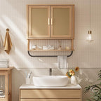 INNOD Rattan Bathroom Wall Cabinet with Towel Bar, Wall-Mounted Medicine Cabinet with Adjustable Wood Shelf & Doors, Over The Toilet Storage Cabinet for Laundry Room & Kitchen & Living Room