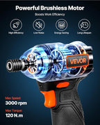 VEVOR Impact Driver, 1/4 Inch, 3000 RPM Max Speed, 12 V Brushless Motor, Electric Cordless Impact Driver Kit with Battery and Charger, 20 Bits, LED Work Light, for Furniture, Electrical, Home Repairs