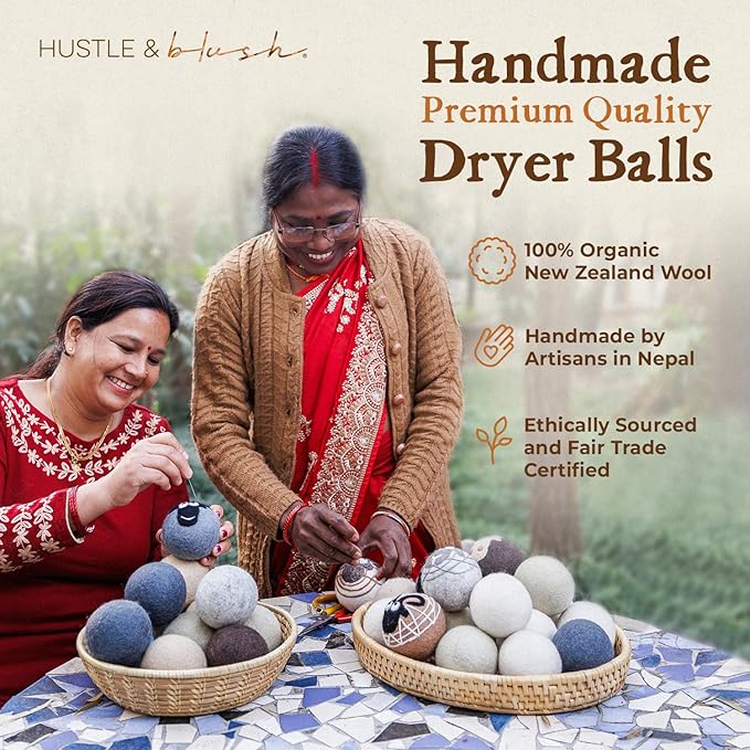 Hustle & Blush Fluff Ewes Wool Dryer Balls 3 Pack - Extra Large Darks Premium Hand Needled New Zealand Laundry Set, Reduces Drying Time, Static Control, Chemical Free Reusable for Essential Oils
