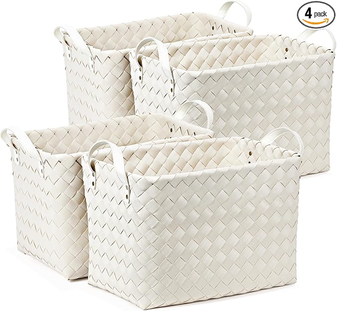 Handwoven Clothes Basket Laundry Hampers Large Wicker Storage Baskets for Shelves Blankets Closet Storage Bins Car Bedroom Bathroom Organizers and Storage Bath (Pack of 4, Ivory)